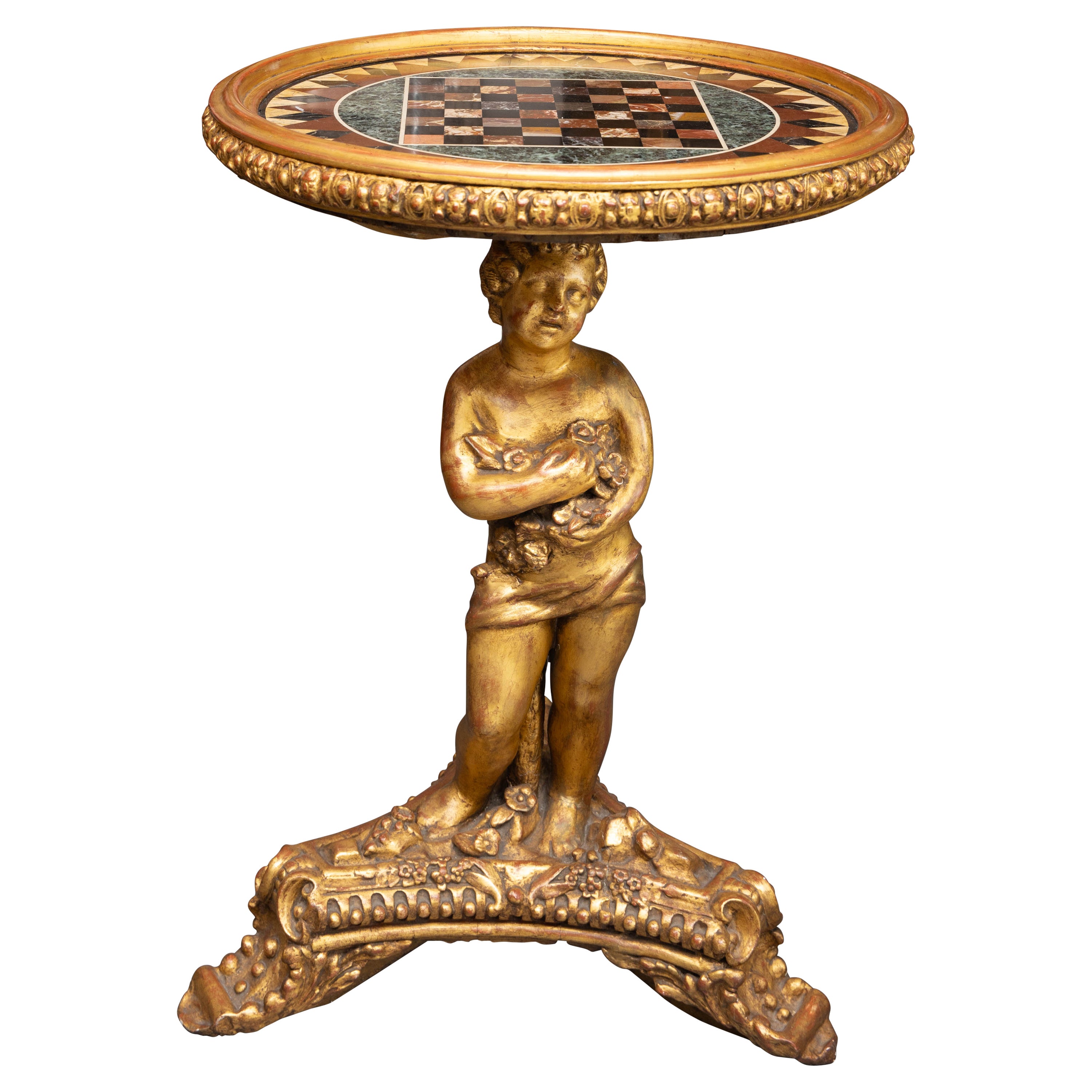 19th Century Italian Gilt Carved Putto with Marble Top For Sale