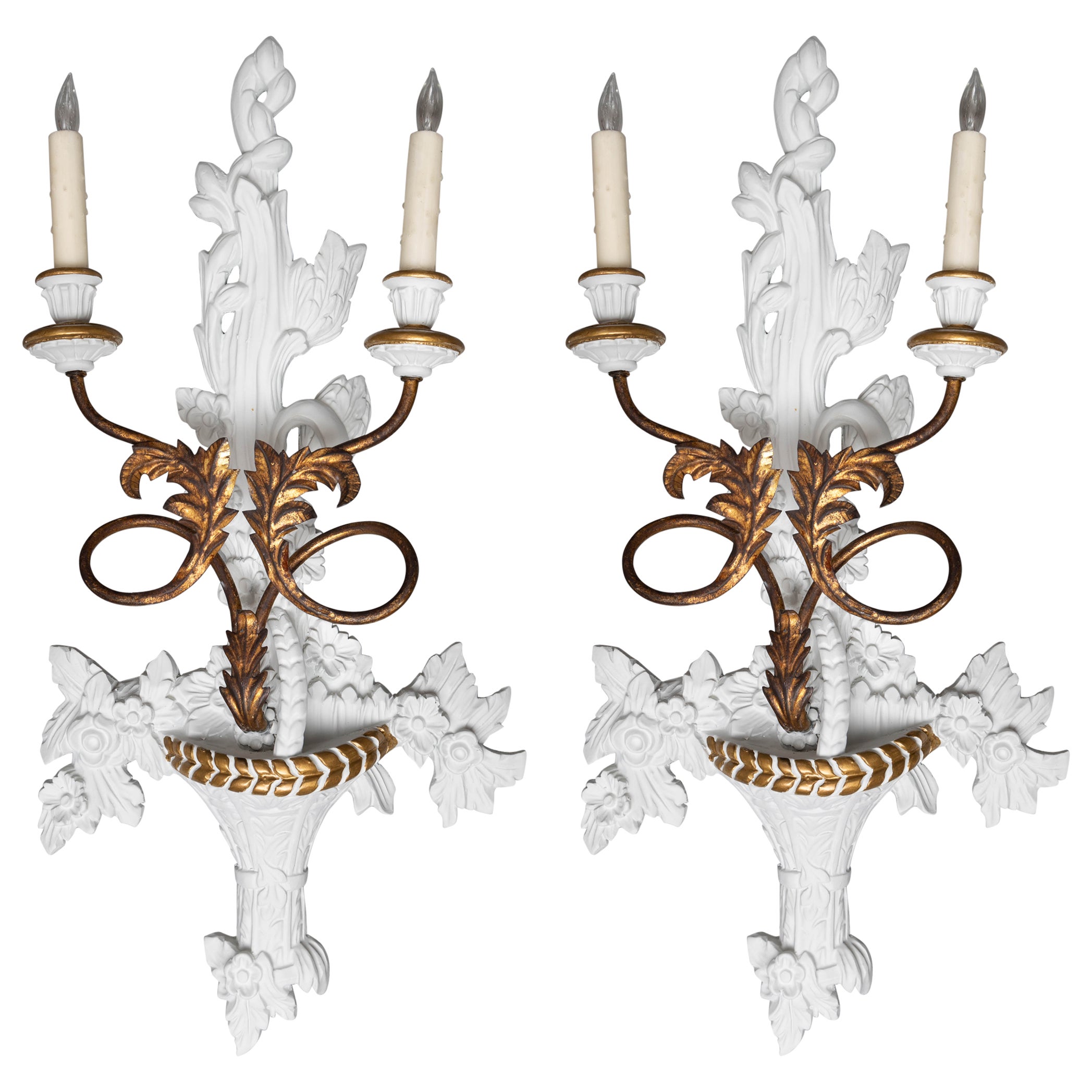 Pair of Large French Carved Painted and Parcel Gilt Sconces