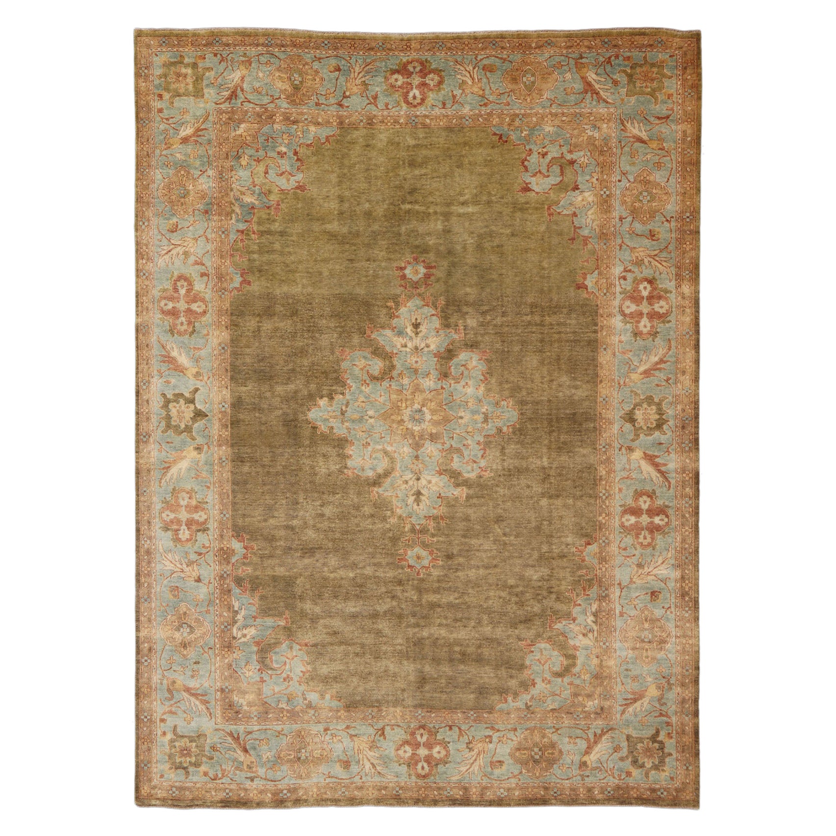 Keivan Woven Arts Green and Blue Medallion Oushak Rug  9'10 x 14'2 For Sale