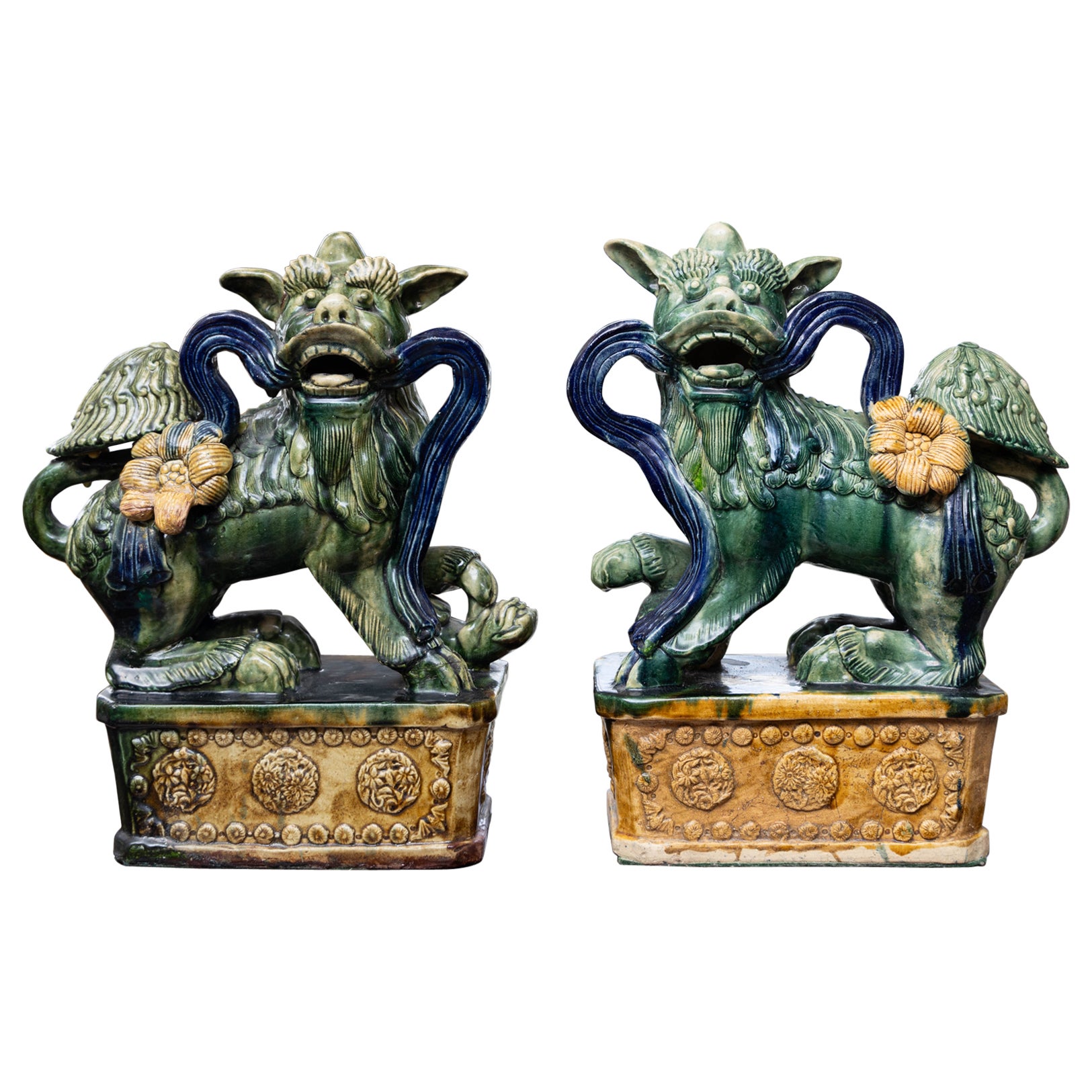 Pair of Terra Cotta Painted and Glazed Foo Dogs For Sale