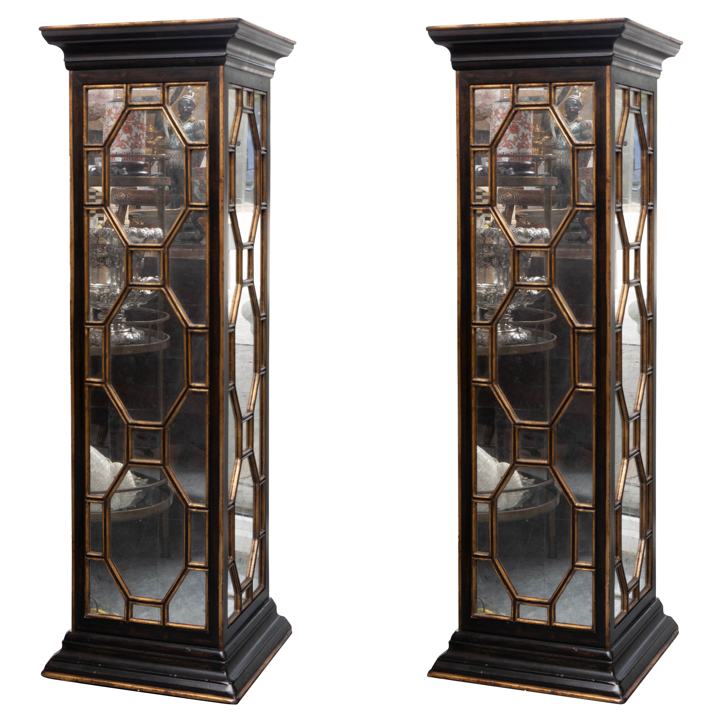 Pair of Ebonized Pedestals with Mirror Insets For Sale