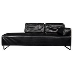 Mid-Century Modern Minimalist Black Leather Daybed Sofa with Tubular Steel Frame