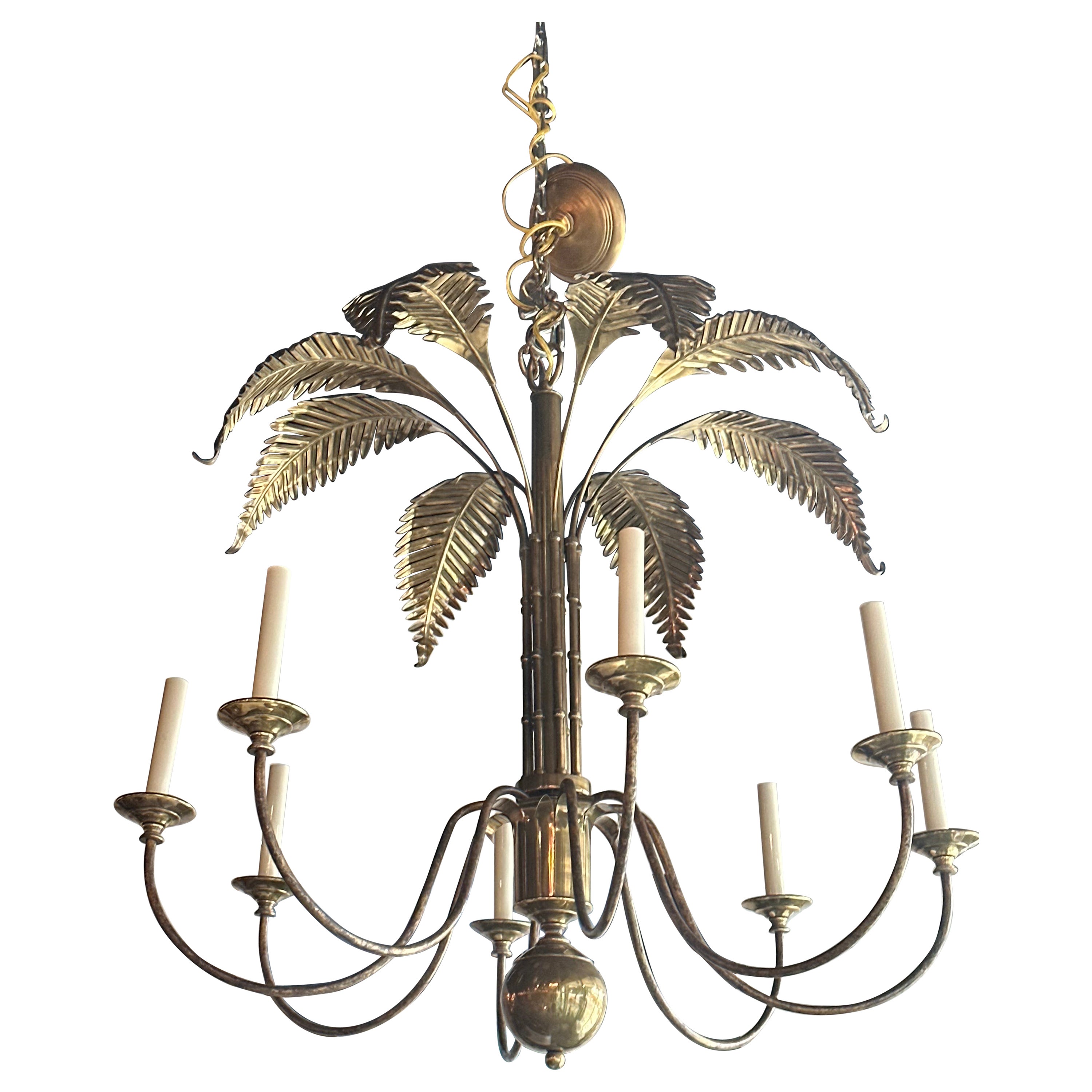 Vintage Palm Beach Brass Palm Tree Leaf Leaves Faux Bamboo 8 Light Chandelier  For Sale