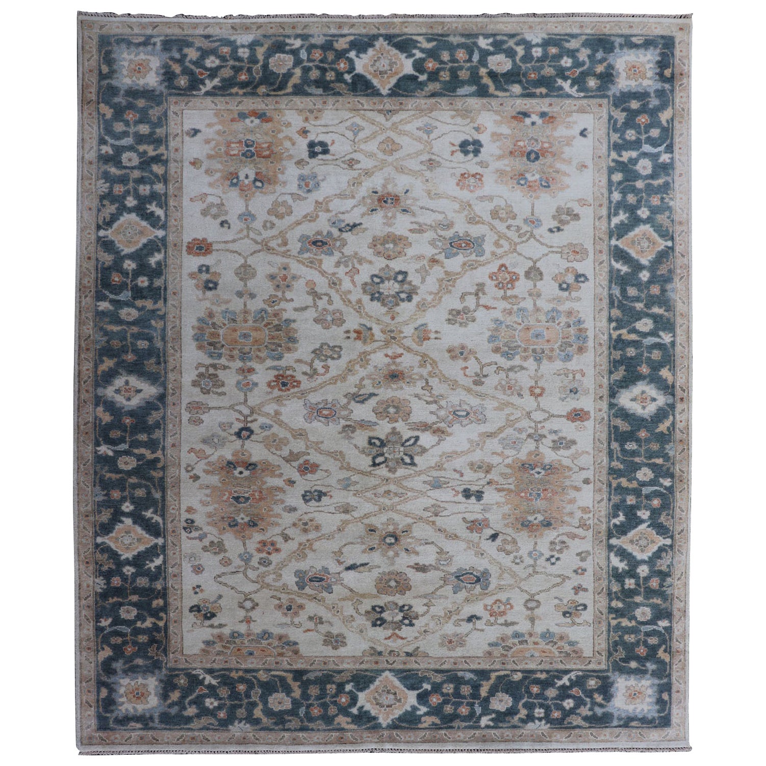 Hand-Knotted Sub-Floral Oushak Design Rug in Teal Blue, Cream and Multi Colors