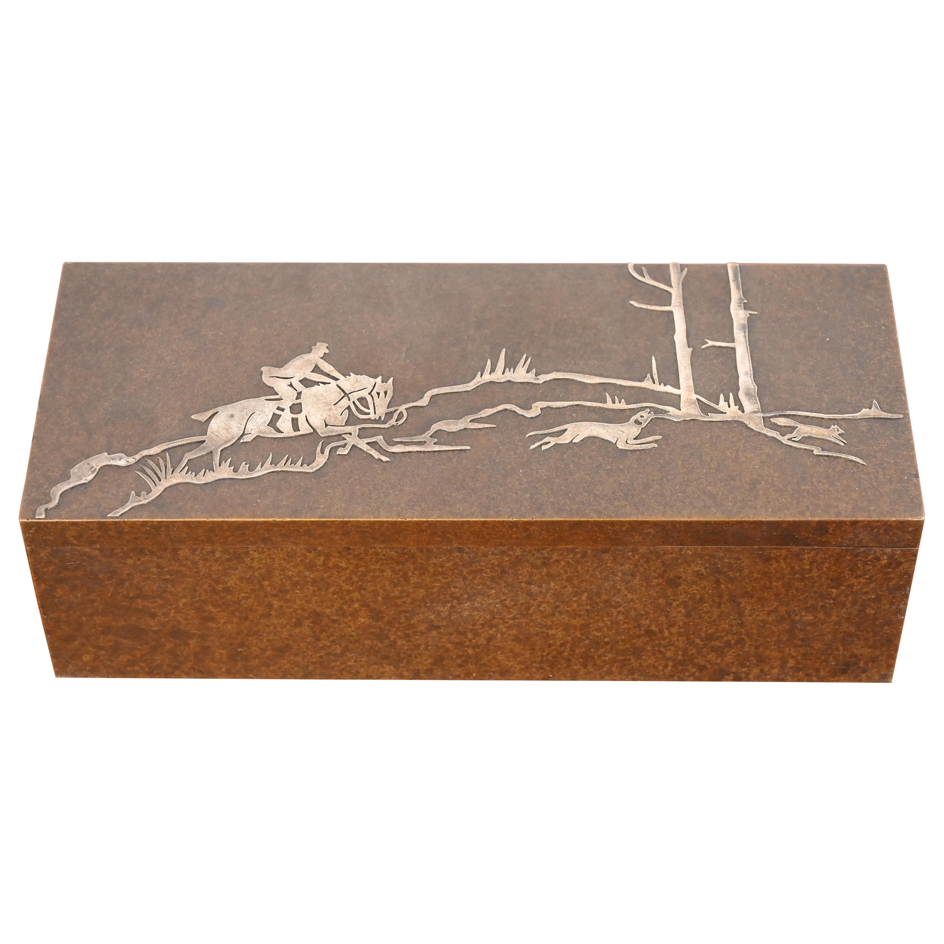 Heintz Arts & Crafts Sterling Silver on Bronze Humidor Box With Fox Hunt Scene For Sale