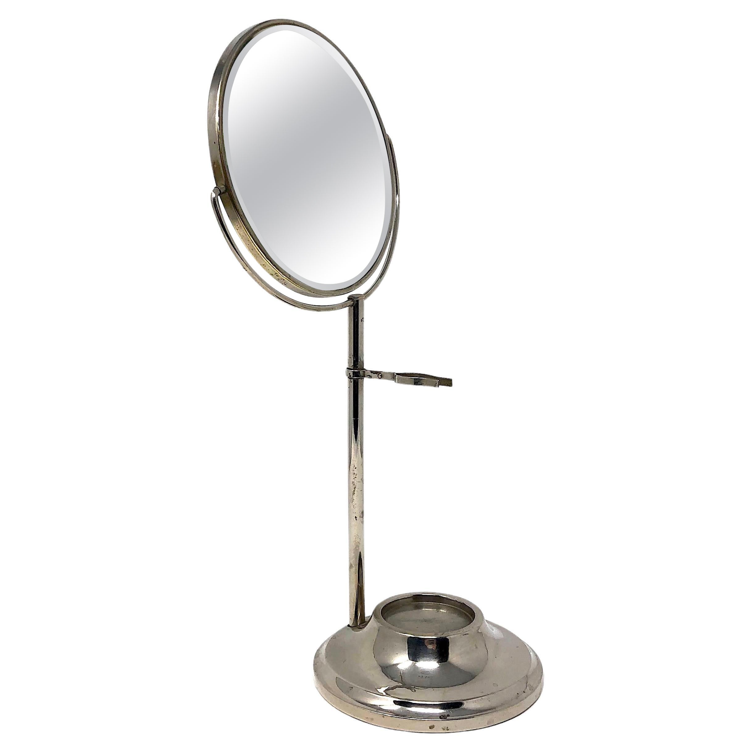 Antique Art Deco Chrome Silver Pedestal Shaving Mirror on Stand with Holder For Sale