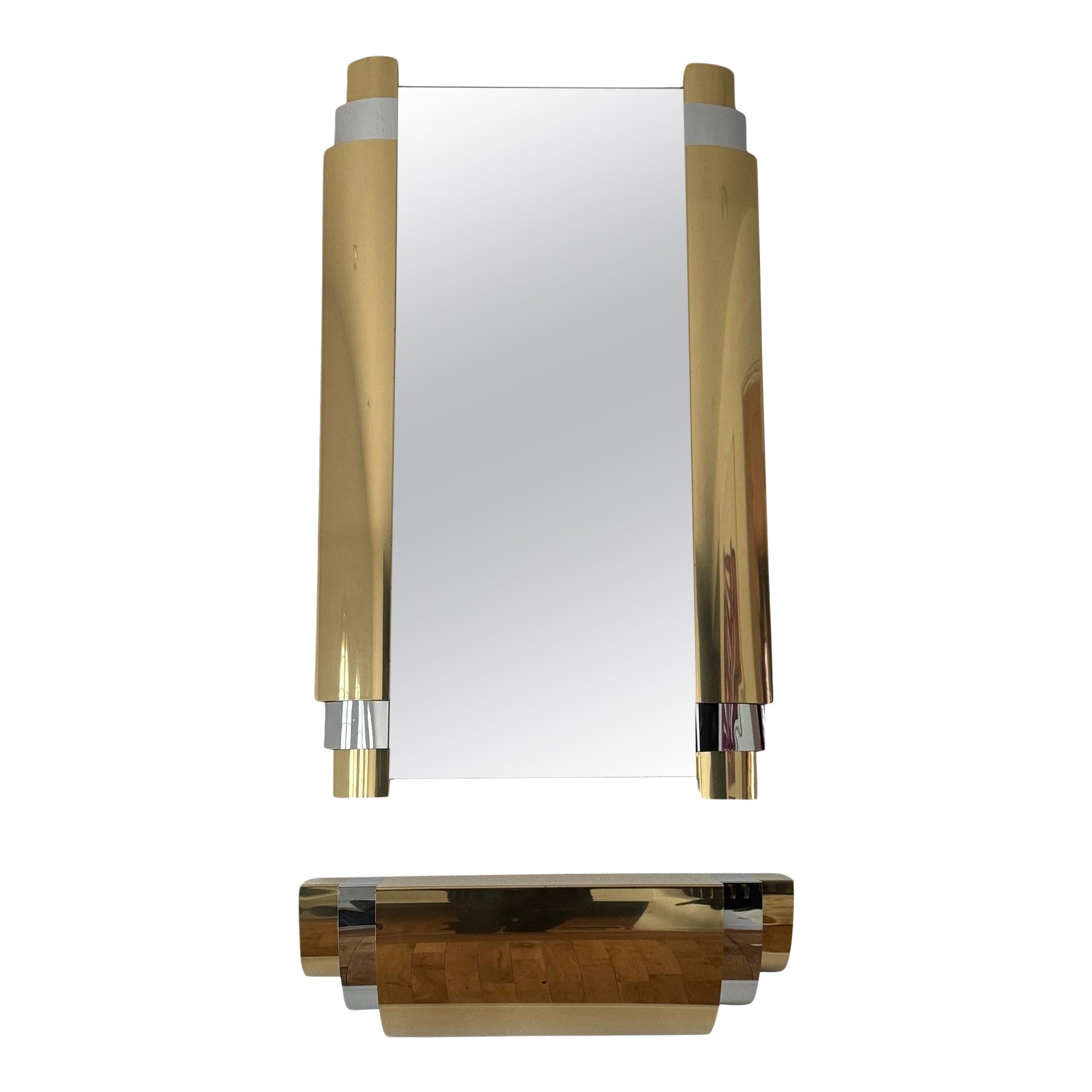 1980s Curtis Jere Brass and Chrome Wall Mounted Mirror With Floating Shelf