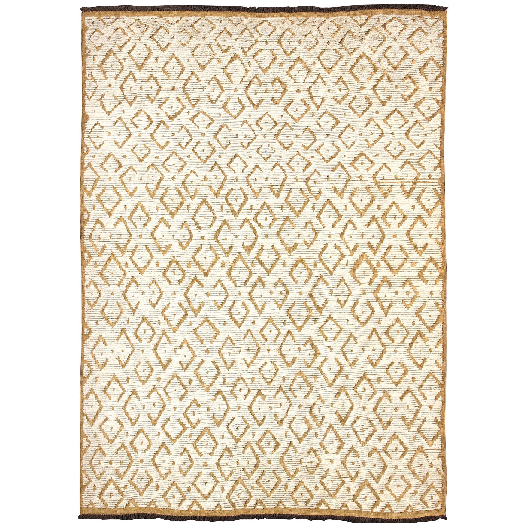 Large Modern Hand-Knotted Rug in Wool with Diamond Design in Marigold and Cream
