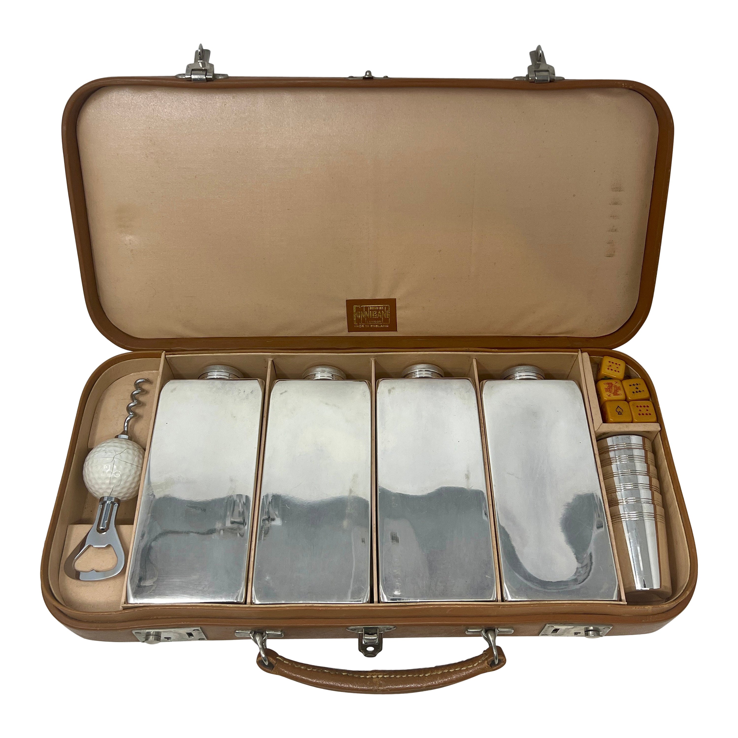 Antique English "Finnigan's" Fitted Leather Drinks & Games Case, Circa 1920-1930 For Sale