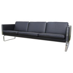 Black Leather Sofa by Hans Wegner, Model CH103, for Carl Hansen & Son