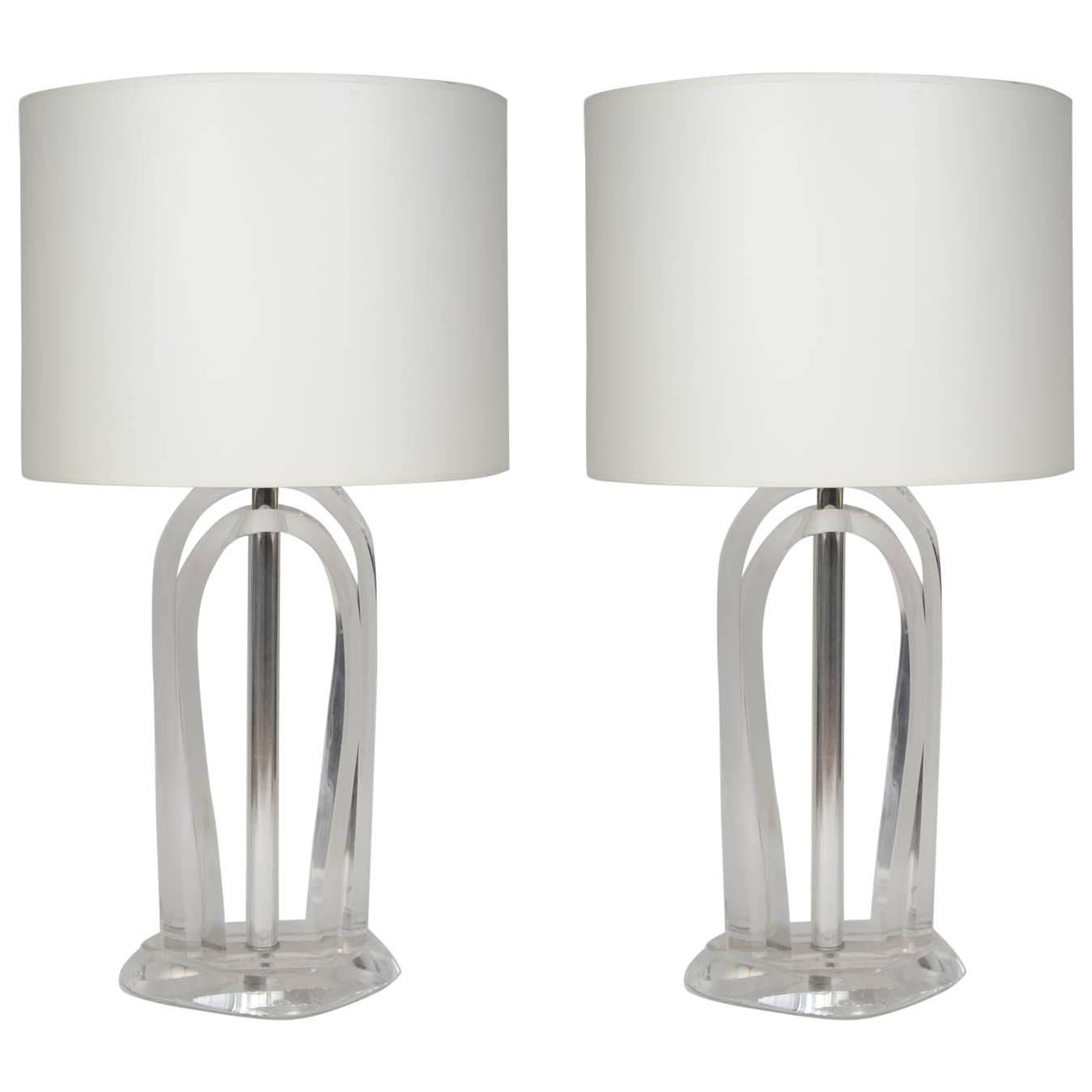 Pair of Chic Lucite and Metal Lamps For Sale