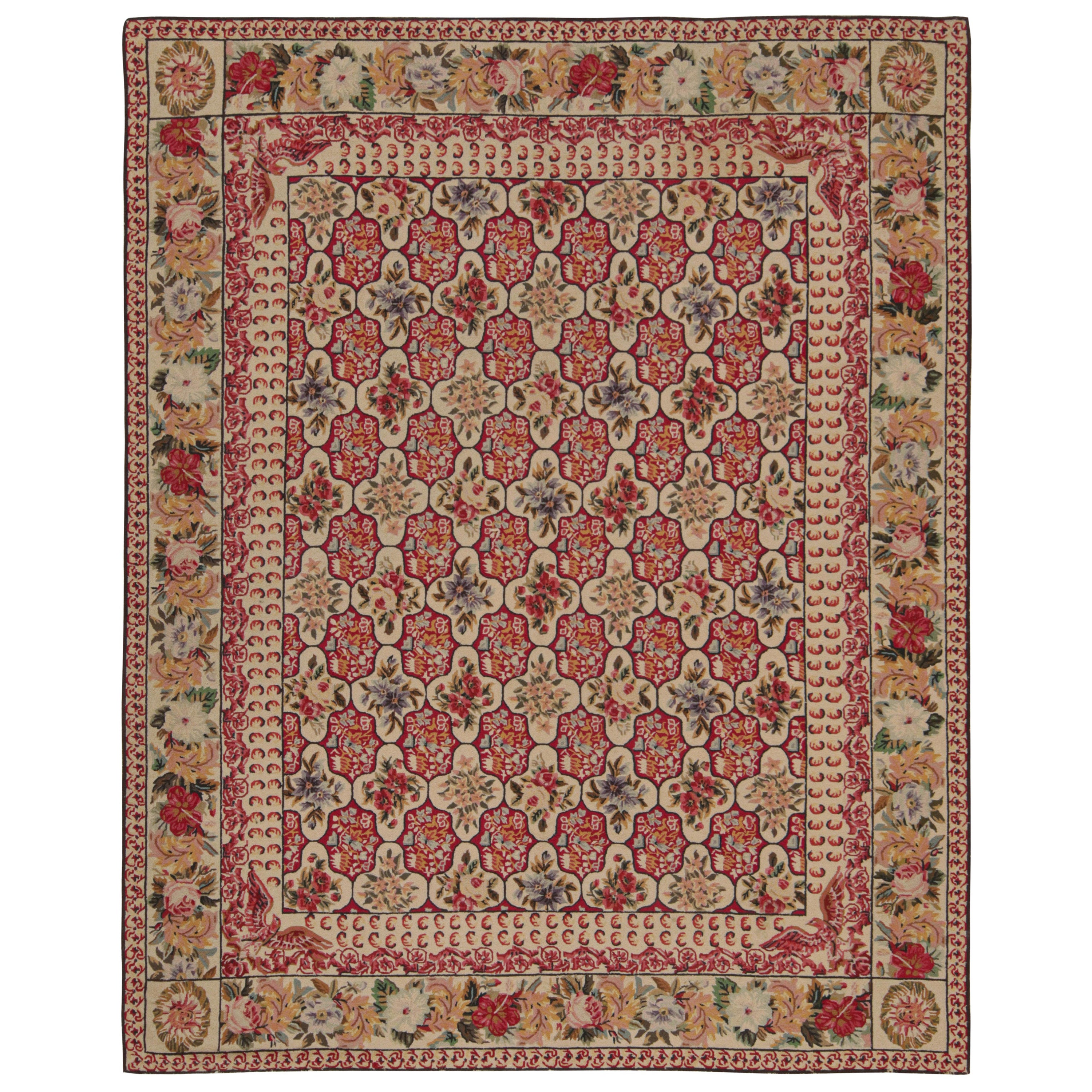 Rare Antique Hooked Rug with Red & Beige Floral Patterns, from Rug & Kilim