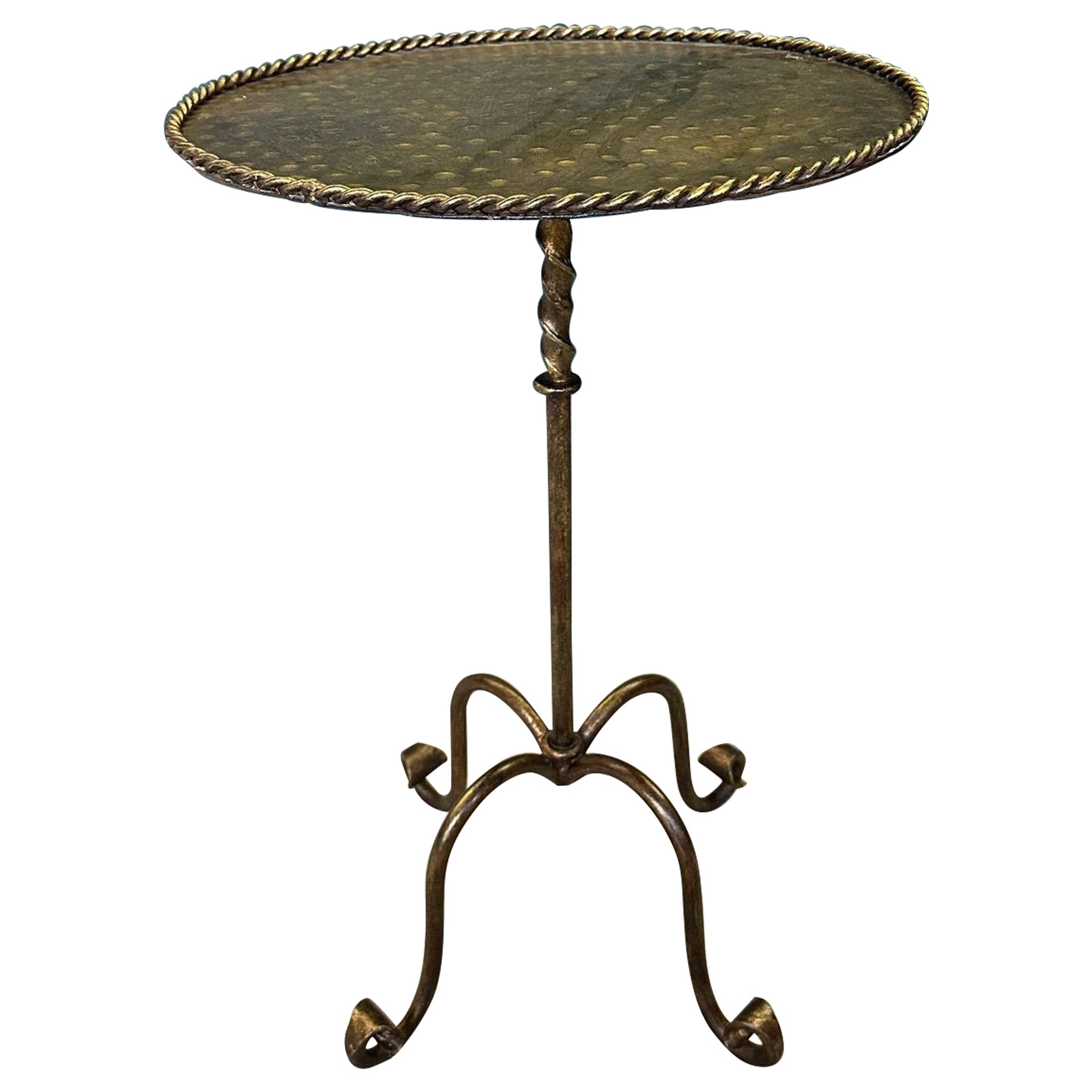 Ornate Gilt Iron Side Table with Hammered Top & Scrolled Legs For Sale