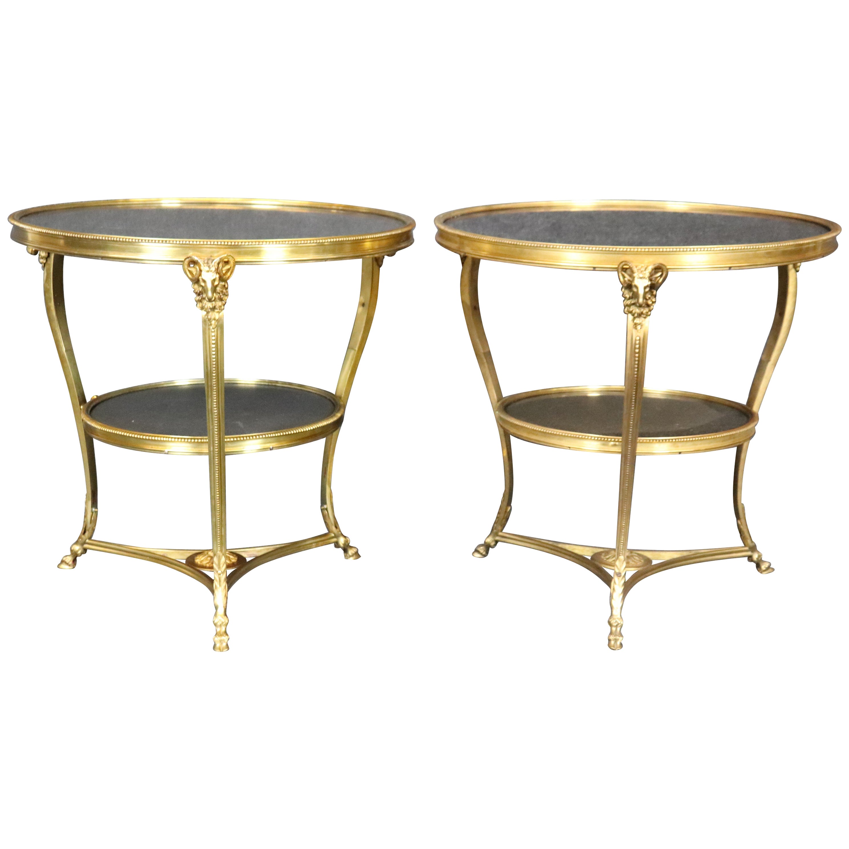 Pair Directoire Highly Naturalistic Rams Head Dore' Bronze Marble Top Gueridons  For Sale