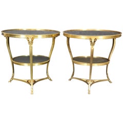 Pair Directoire Highly Naturalistic Rams Head Dore' Bronze Marble Top Gueridons 