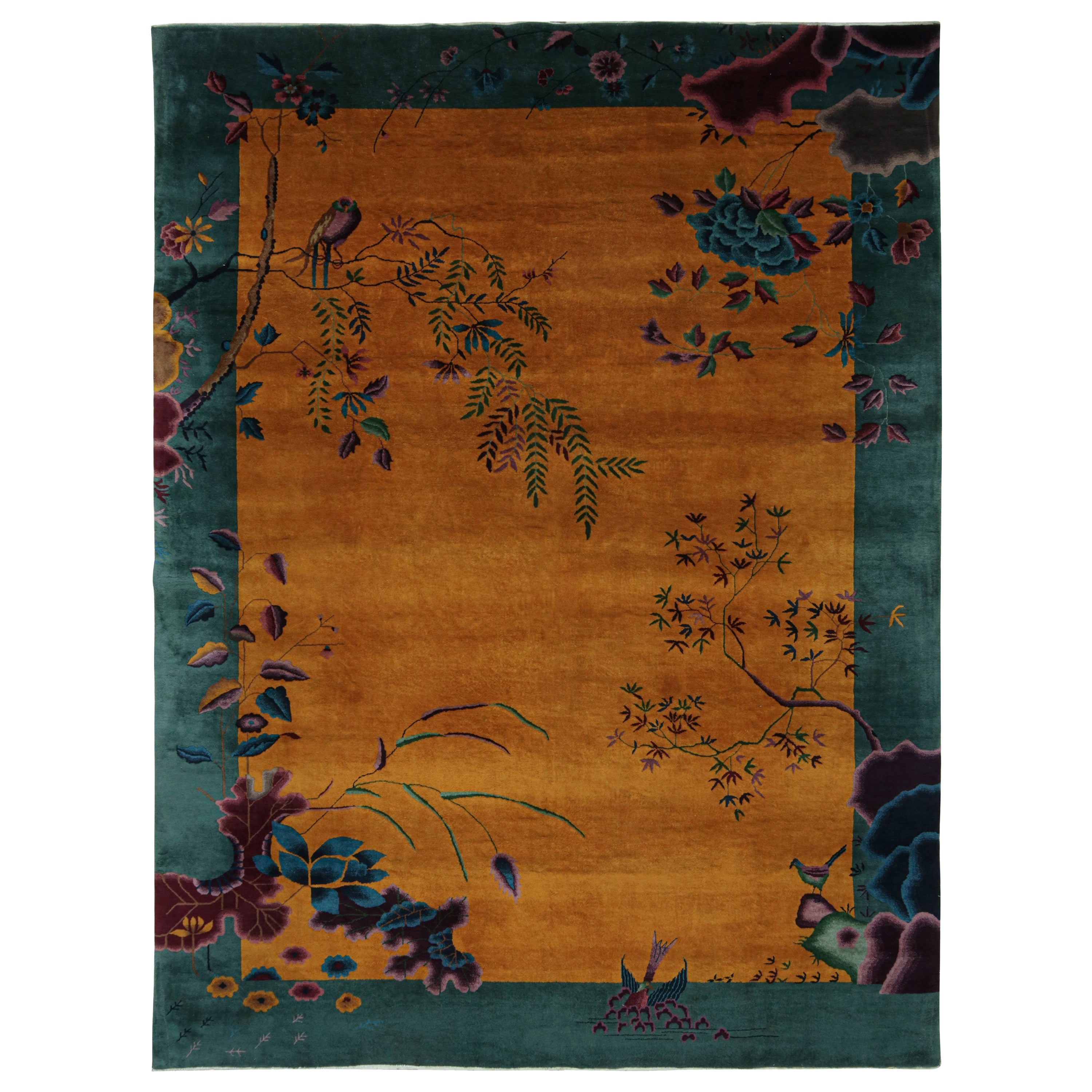 Antique Chinese Art Deco Rug in Gold and Teal with Floral Pattern by Rug & Kilim For Sale
