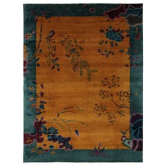 Antique Chinese Art Deco Rug in Gold and Teal with Floral Pattern by Rug & Kilim