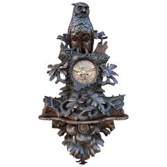 Large Masterly Carved Black Forest Nutwood Wall Clock w. Owl Sculpture & Bracket