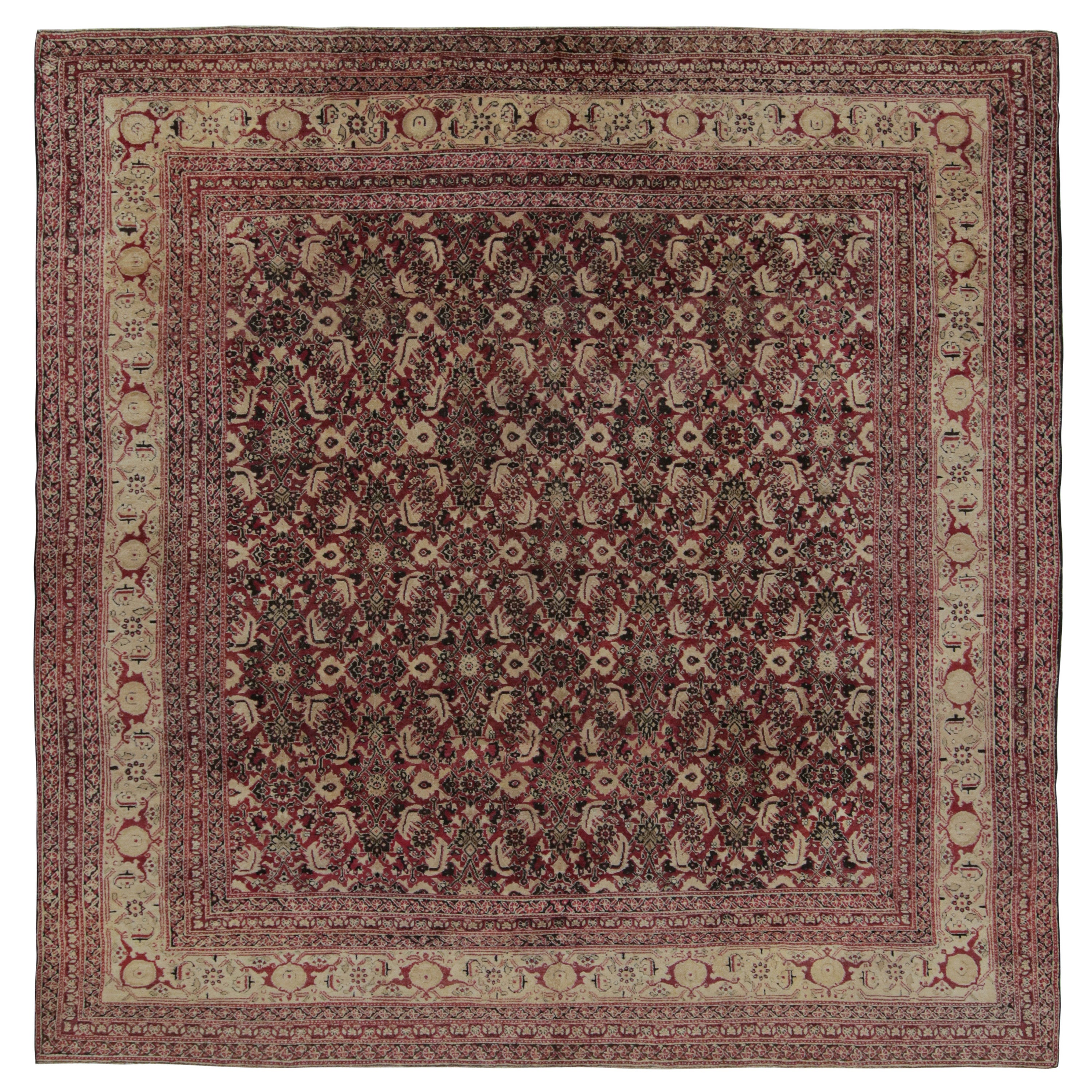 Antique Agra Square Rug in Burgundy with Floral Patterns, from Rug & Kilim