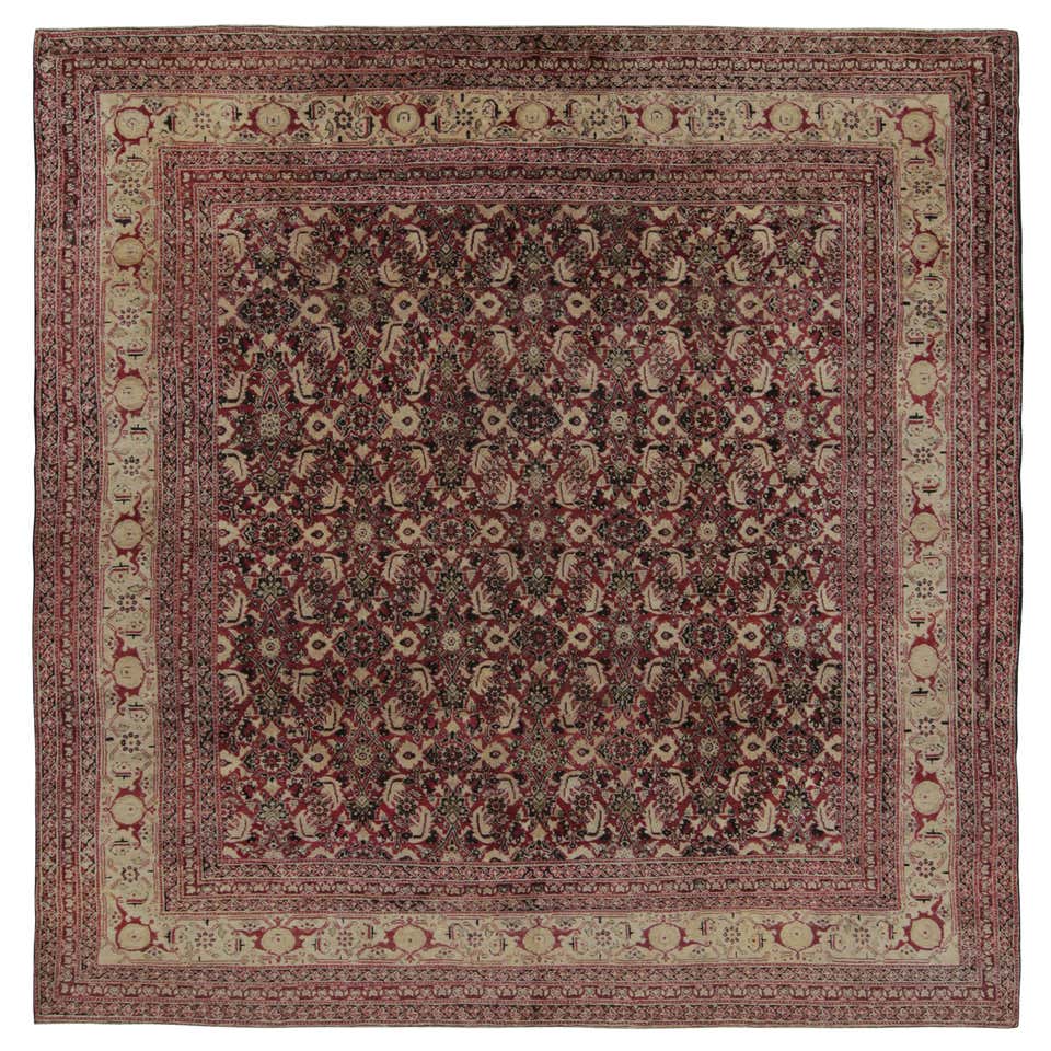 Fine Antique Burgundy Square Agra Rug with Mughal Shrub Pattern For ...