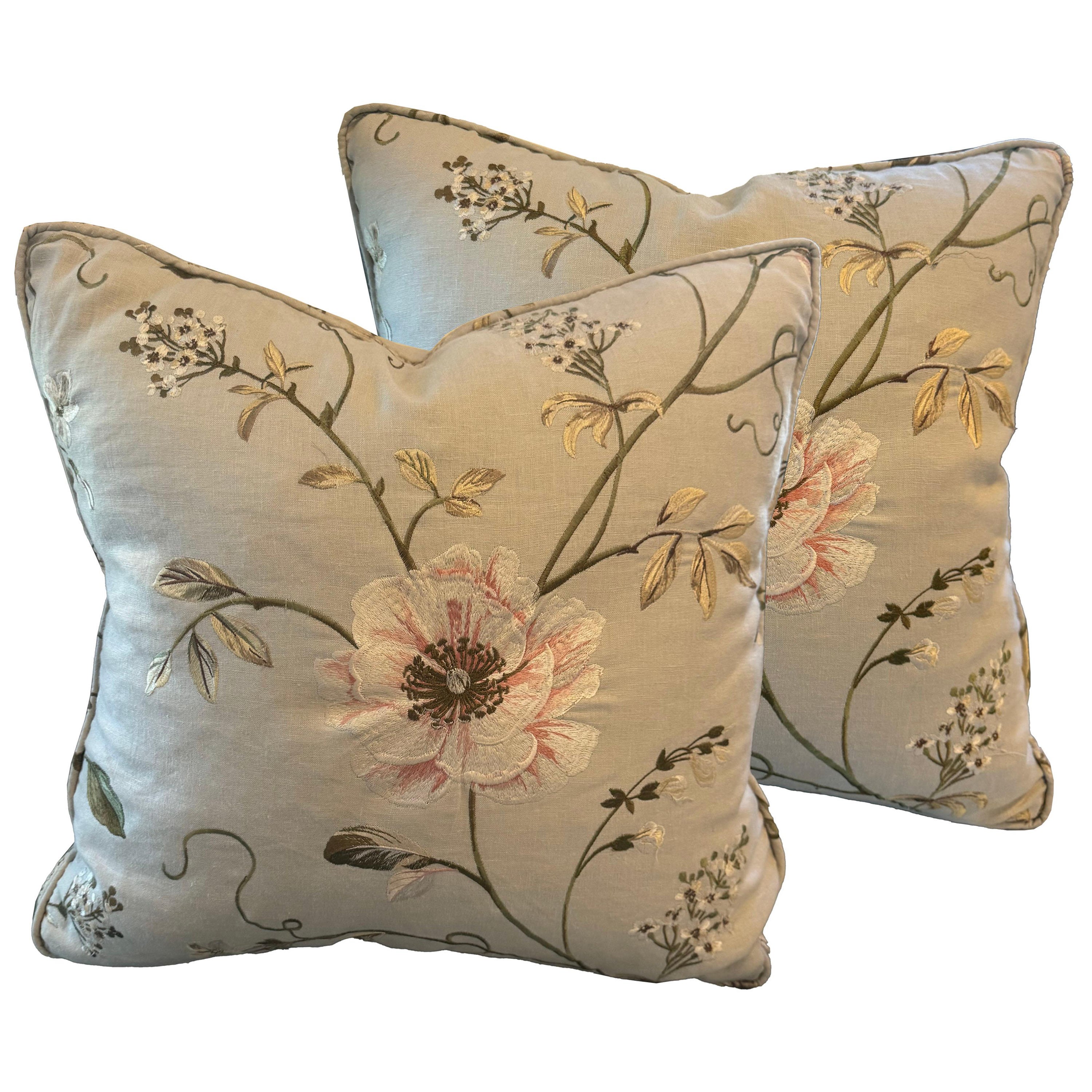 Pair of Crewel Work Embroidered Pillows  For Sale