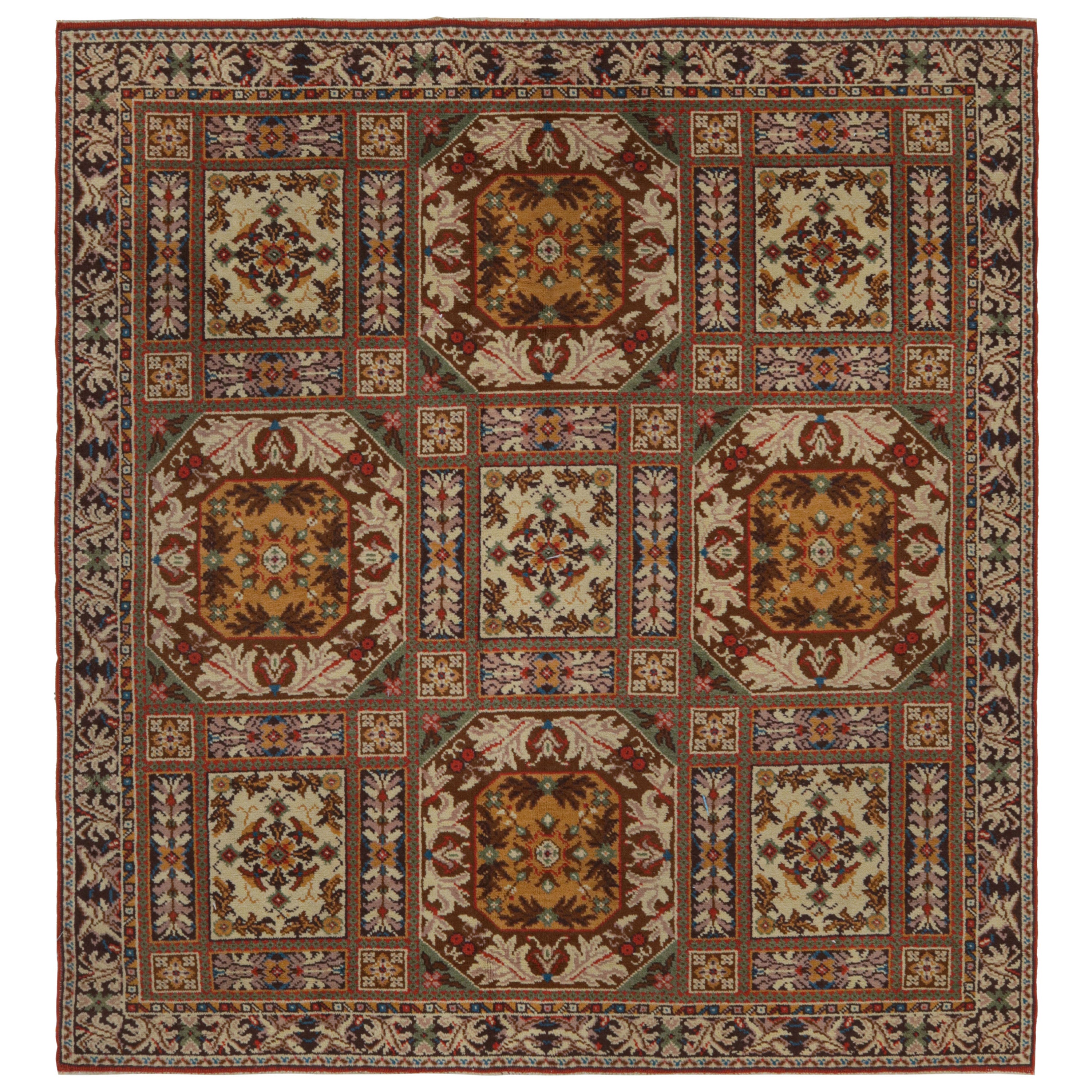 Vintage European Rug in Beige-Brown with Floral Geometric Pattern by Rug & Kilim For Sale