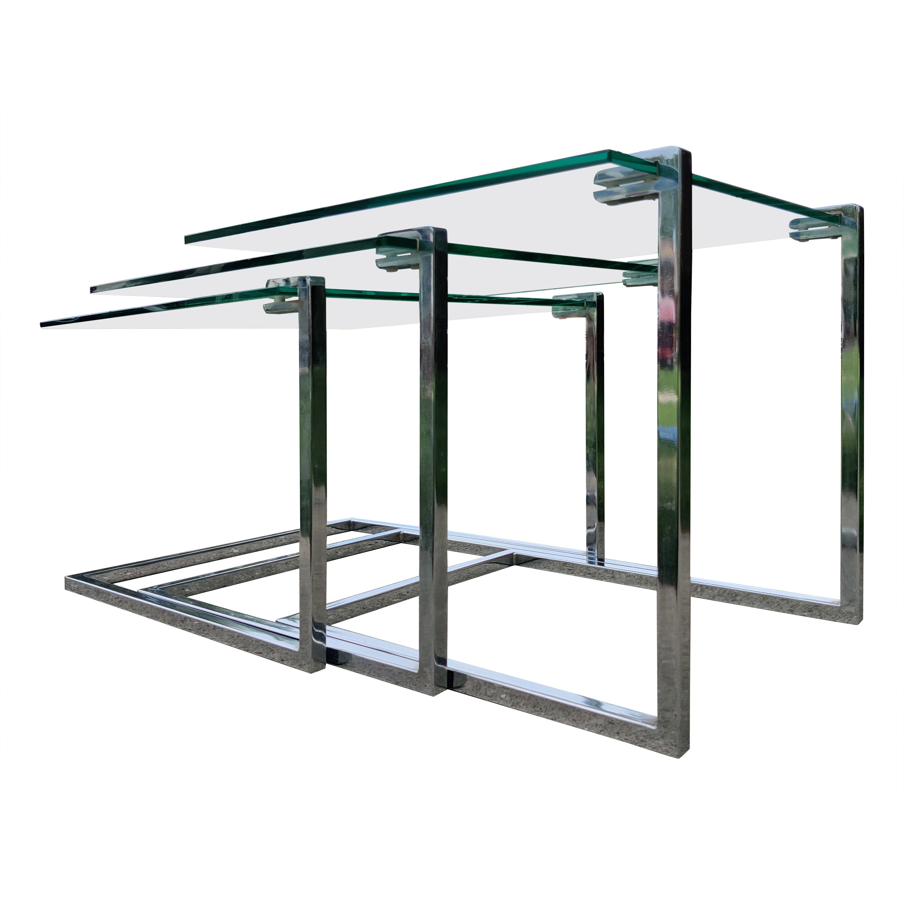 Set of Three Glass & Chromed Steel Nesting Tables By Design Institute America For Sale