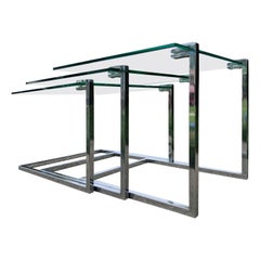 Vintage Set of Three Glass & Chromed Steel Nesting Tables By Design Institute America