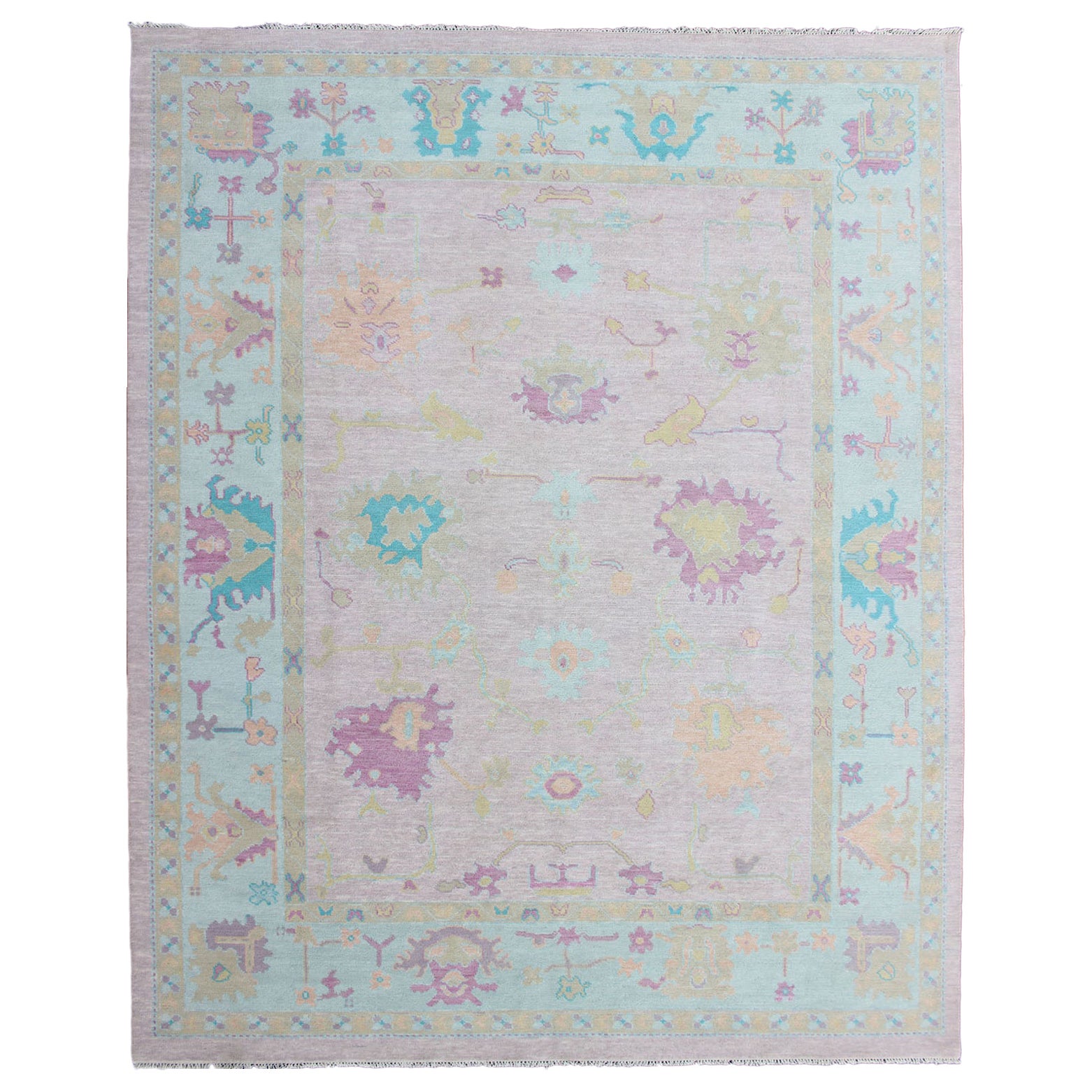 Keivan Woven Arts Modern Wool Oushak Rug In Pink Ice Blue Border  9'5 x 12'1 For Sale
