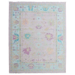 Keivan Woven Arts Modern Wool Oushak Rug In Pink Ice Blue Border  9'5 x 12'1