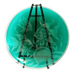 Correia Art Glass Großer handgeätzter dekorativer Teller, signiert