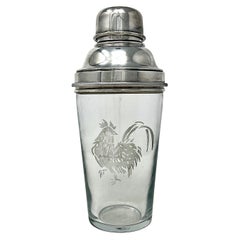 Antique English Art Deco Silver Plate & Etched Glass Rooster Cocktail Shaker. 