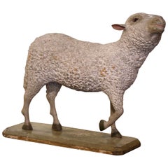 Early 20th Century French Carved and Painted Lamb Sculpture with Glass Eyes
