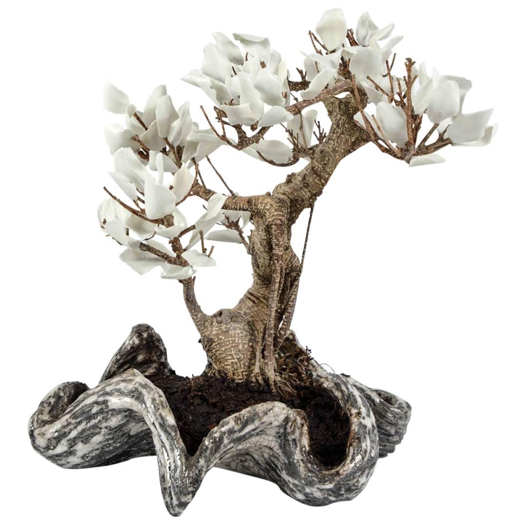 Tree Made Up of Natural Plant and Leaves in White Ceramic For Sale