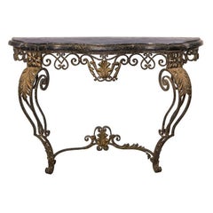 Neoclassic Console Credenza in Wrought Iron with Golden Accents and a Marble top