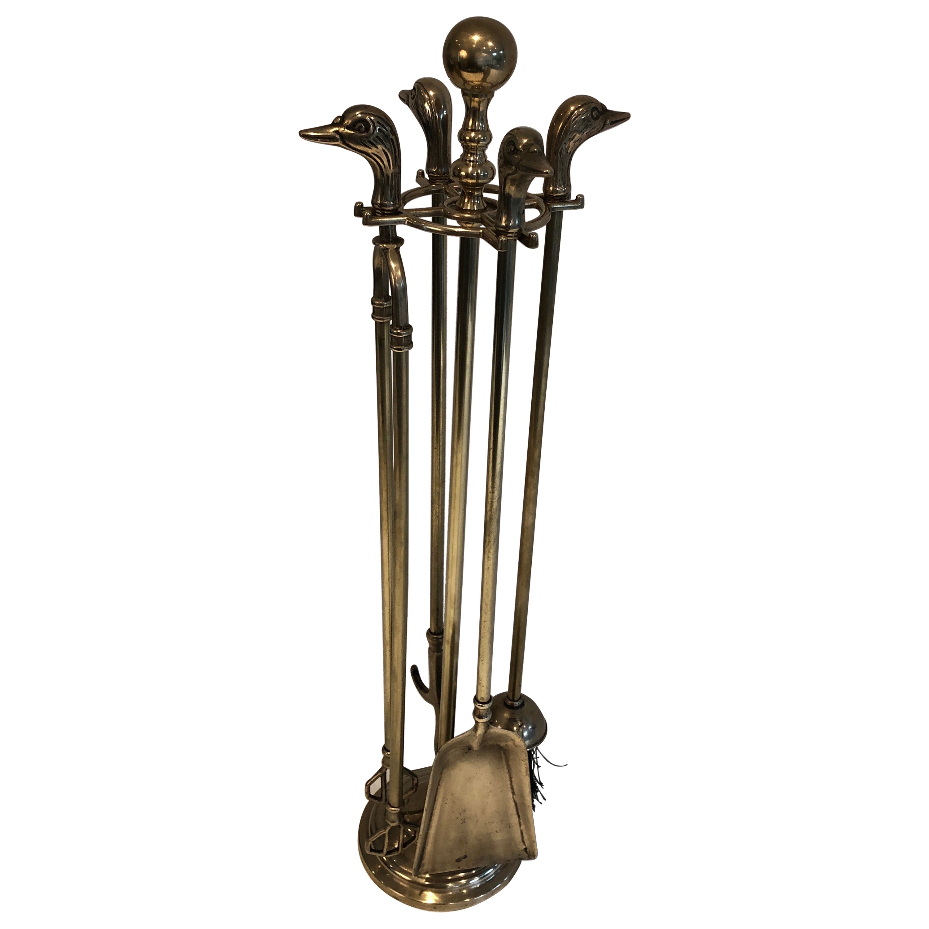 Neoclassical Style Brass Duck Heads Fireplace Tools, French, circa 1970 For Sale