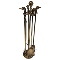 Vintage Neoclassical Style Brass Duck Heads Fireplace Tools, French, circa 1970