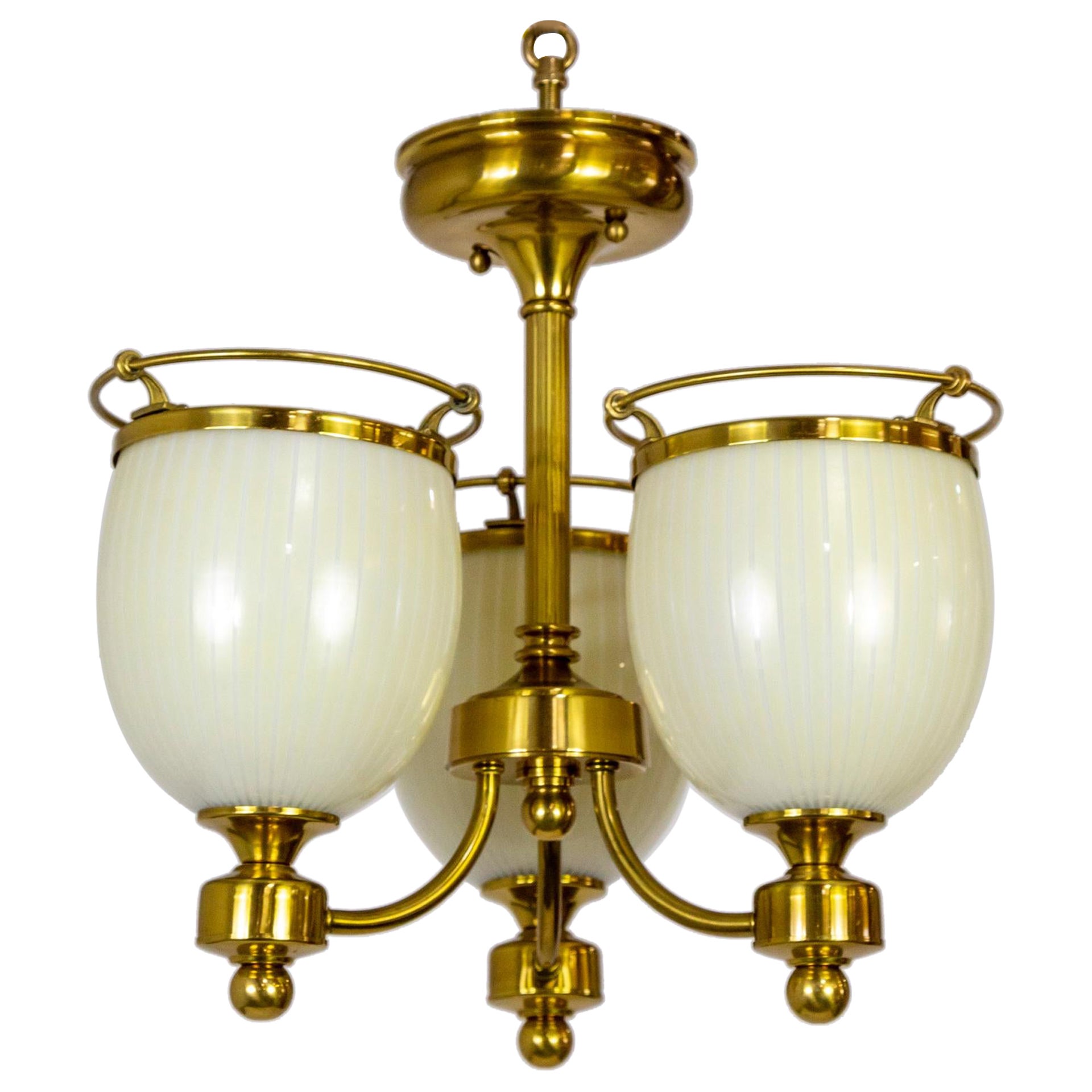 Compact Brass 3-Light Chandelier w/ Cream Glass Shades For Sale