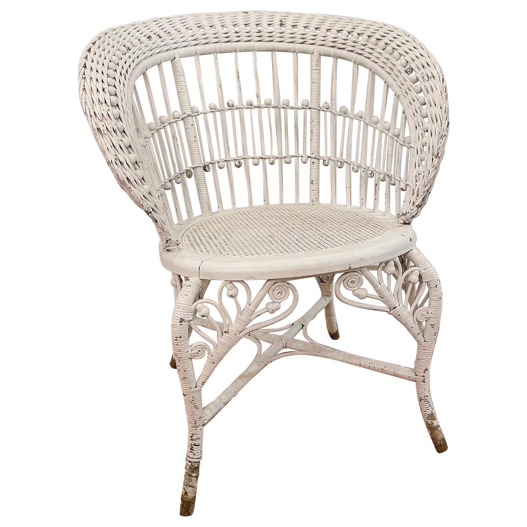 Chaise victorienne ancienne Heywood Wakefield (attr) Ball & Stick Wicker, vers 1890