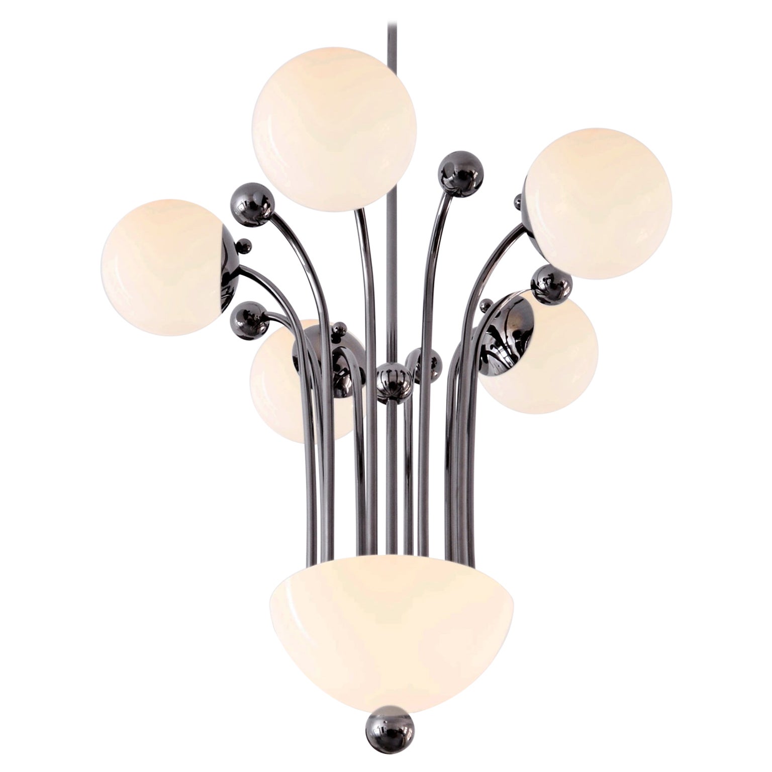 Modernist 6 Lights Ceiling Lamp, Plated Brass With Opal Glass Balls, Bespoke For Sale