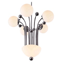 Modernist 6 Lights Ceiling Lamp, Plated Brass With Opal Glass Balls, Bespoke