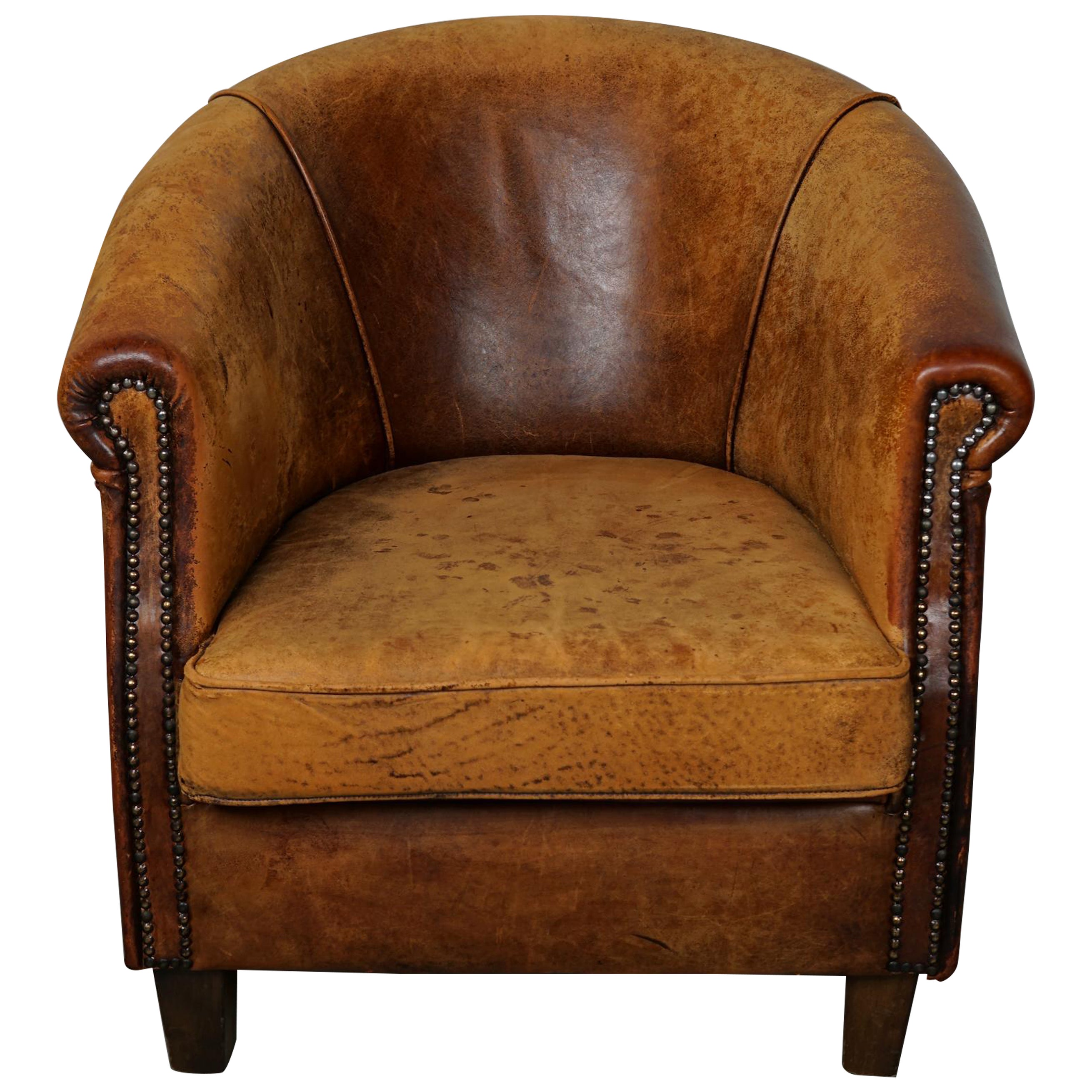 Fauteuil club néerlandais vintage en cuir de couleur cognac en vente