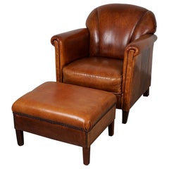 Vintage Dutch Cognac Colored Leather Club Chair, with Footstool