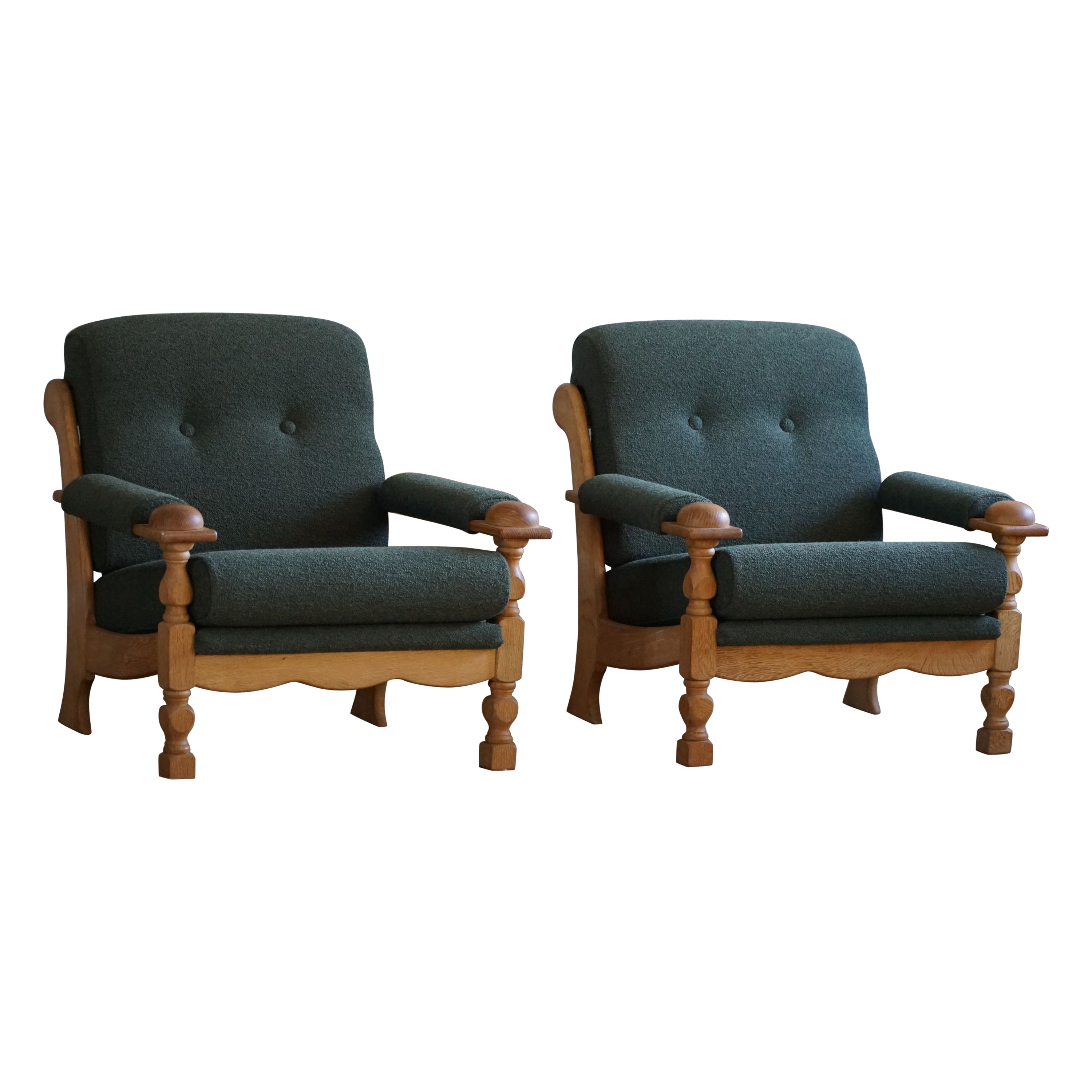 Henning Kjærnulf, Lounge Chairs in Oak & Bouclé, Danish Mid Century, 1960s For Sale