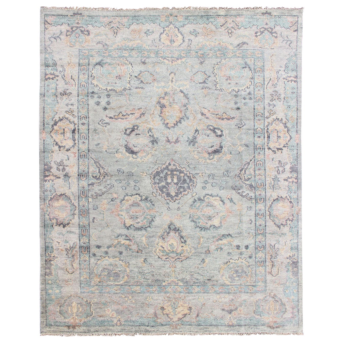 Hand Knotted Wool Oushak Rug Featuring Floral Designs in Muted Colors 7'8"X9'9" For Sale