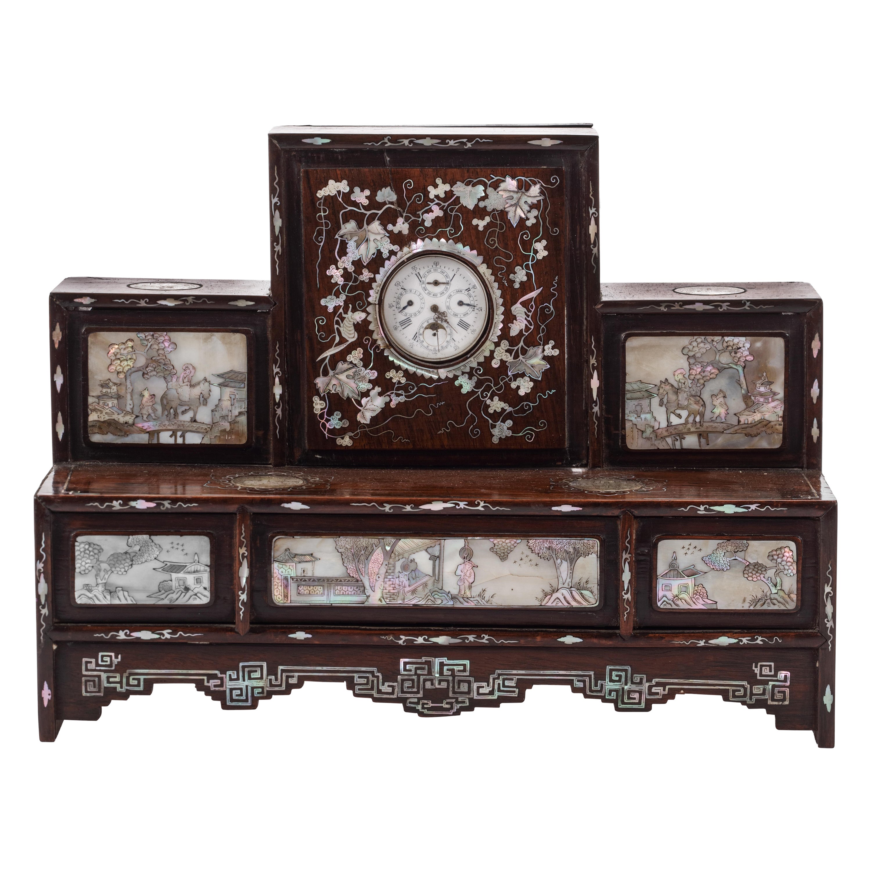 A Chinese huanghuali, wumu and mother-of-pearl watch holder For Sale