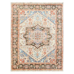 Indian Hand-Knotted Medallion Heriz in Cocoa, Denim, and Red