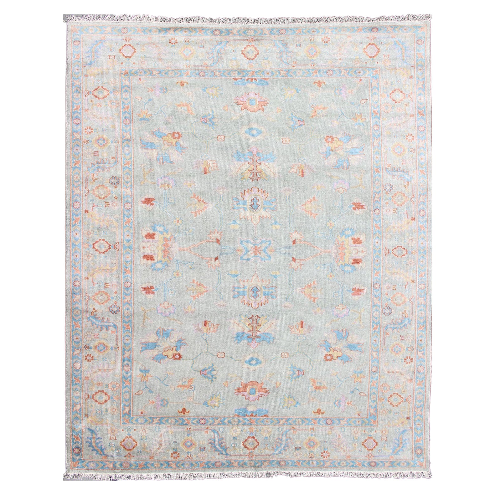 Hand-Knotted Floral Oushak Rug in Light Blue by Keivan Woven Arts For Sale