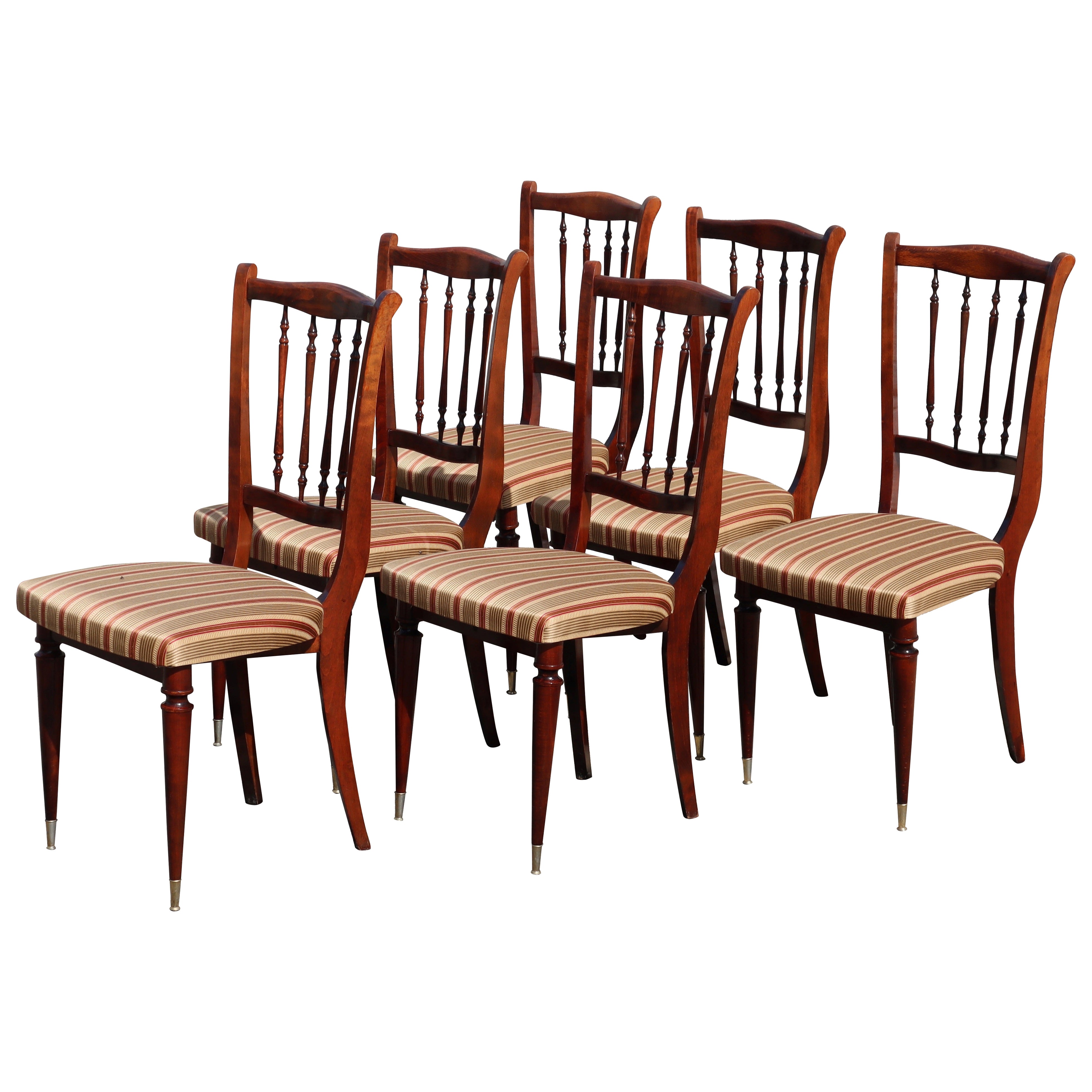 French Mid-Century Dining Chairs-Set of 6 upholstered Mahogany Dining Chairs-60s