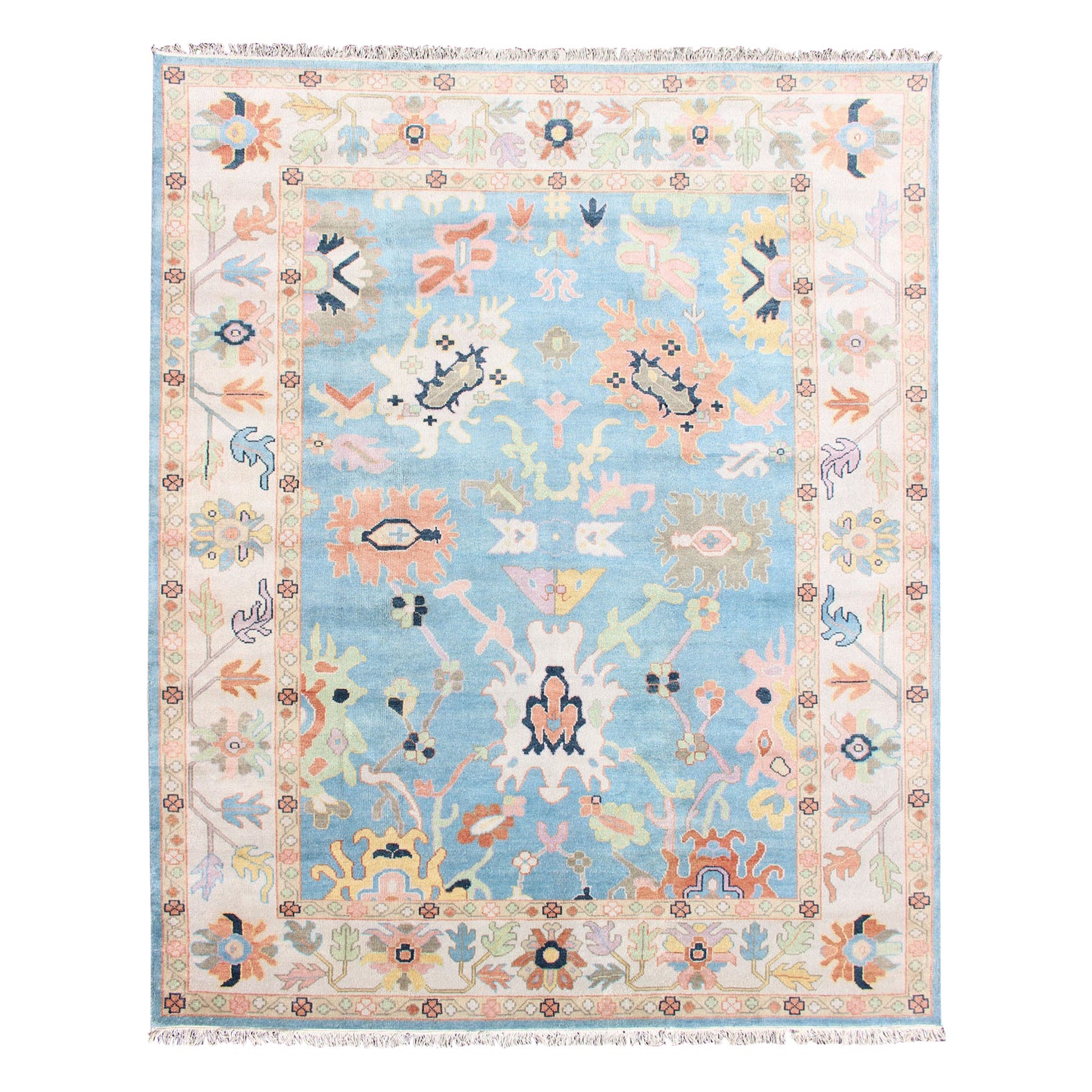 Keivan Woven Arts Hand-Knotted Wool Oushak Rug in Blue Background & Multi Colors For Sale